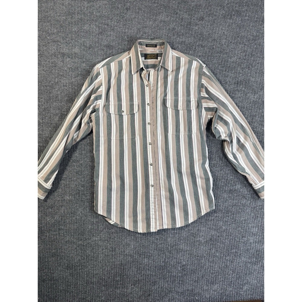 Eddie Bauer Men's Beige Green Striped McKinley Cloth Long Sleeve Button-Up Shirt